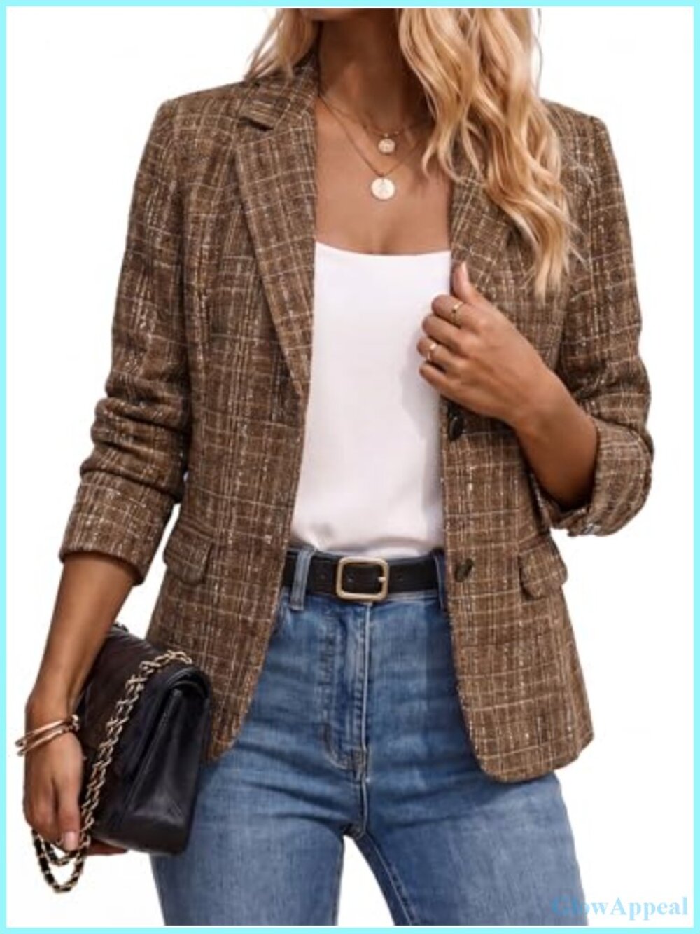 Tweed Blazer Jacket Plaid Sequin Long Sleeve Business Casual
